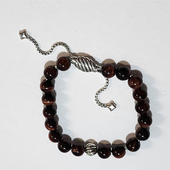 David Yurman‎ Sterling Silver Red Tiger's Eye Spiritual Bead Bracelet Adjustable - Picture 5 of 10